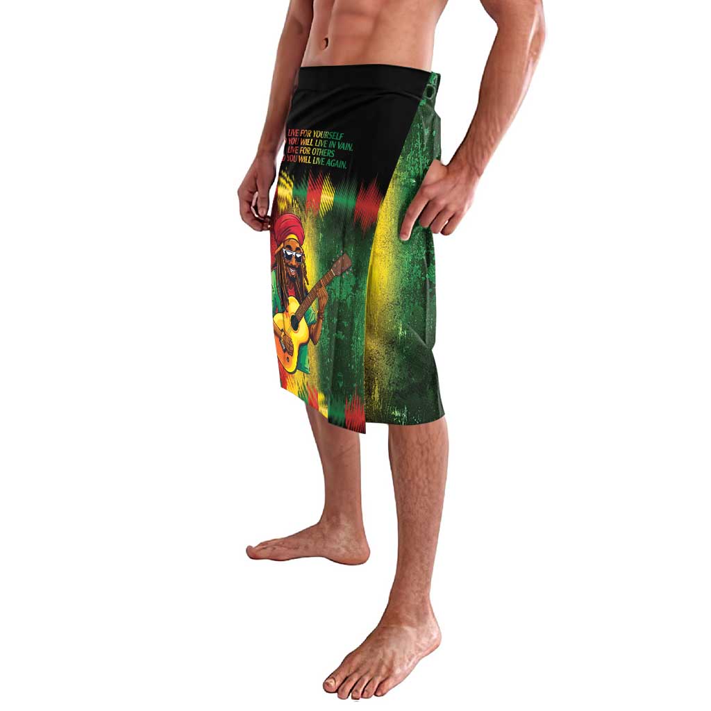 Reggae character lavalava skirt with black elastic waistband, green yellow red graphic