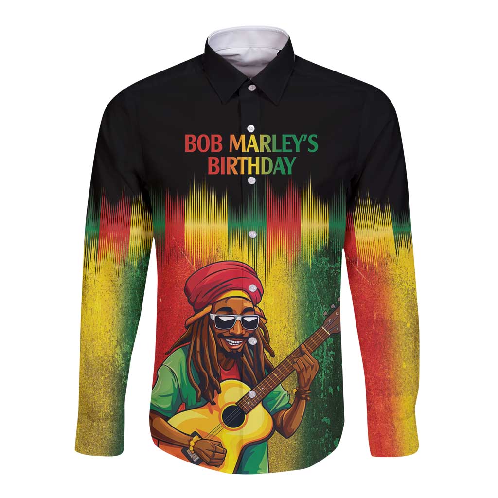 Black long-sleeve button shirt with Bob Marley portrait and birthday graphic