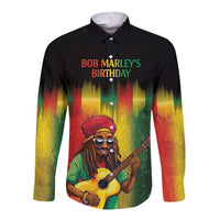 Black long-sleeve button shirt with Bob Marley portrait and birthday graphic