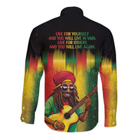 Black long-sleeve button shirt with back quote text and Bob Marley guitar graphic