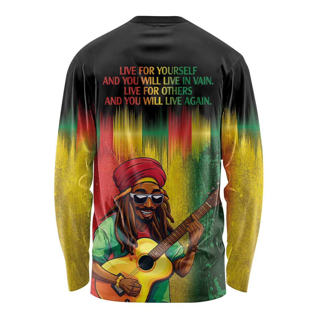 Unisex long-sleeve graphic T-shirt with Bob Marley portrait and inspirational back text