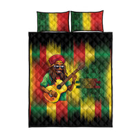 Quilt bed set with centered guitarist print; red/green/yellow plaid front and 2 pillowcases