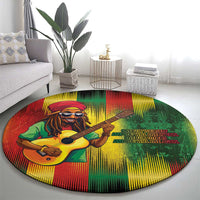 Round reggae-themed carpet with illustrated musician holding acoustic guitar and multicolor stripes.
