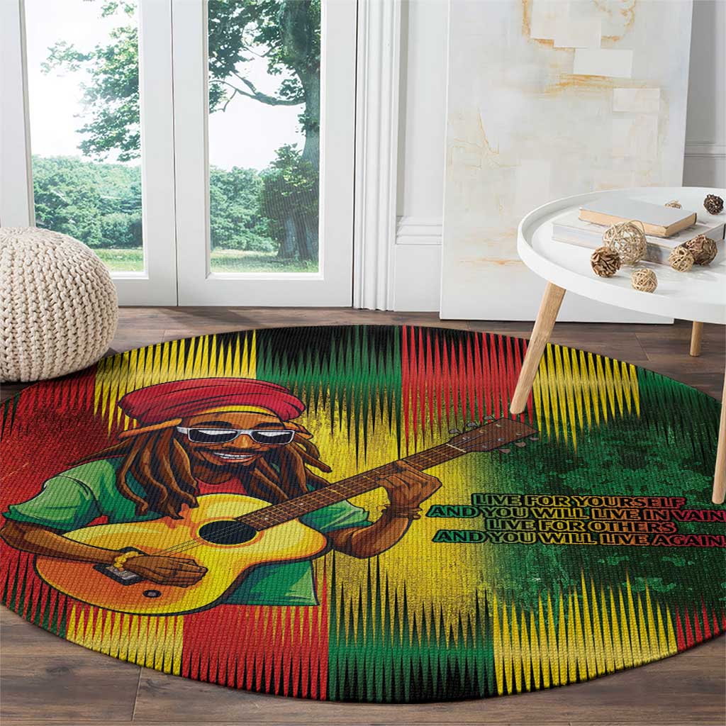 Round reggae-themed carpet corner view with guitarist graphic and “live for yourself” message.