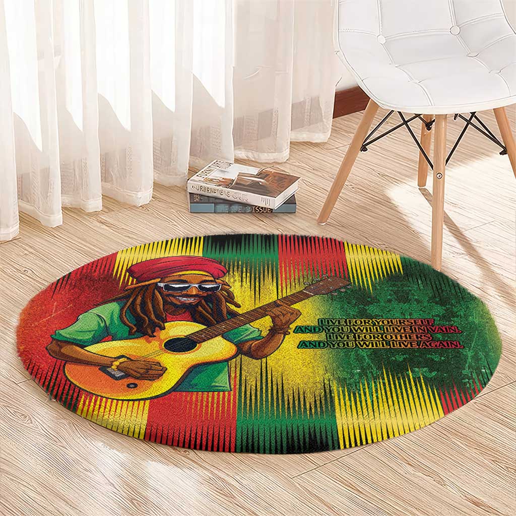 Round reggae-themed carpet with large central guitarist graphic in green, red, and yellow.