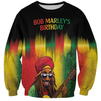 Unisex black sweatshirt with Bob Marley’s Birthday graphic and portrait, long sleeves