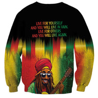 Unisex black sweatshirt with Bob Marley portrait and back quote: Live for yourself