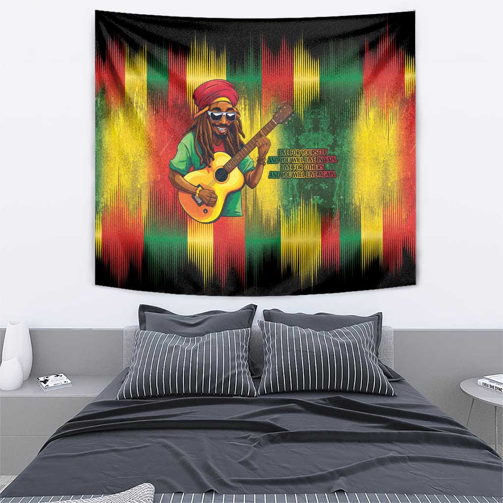 Reggae guitarist tapestry with multicolor vertical streak background and central guitar portrait