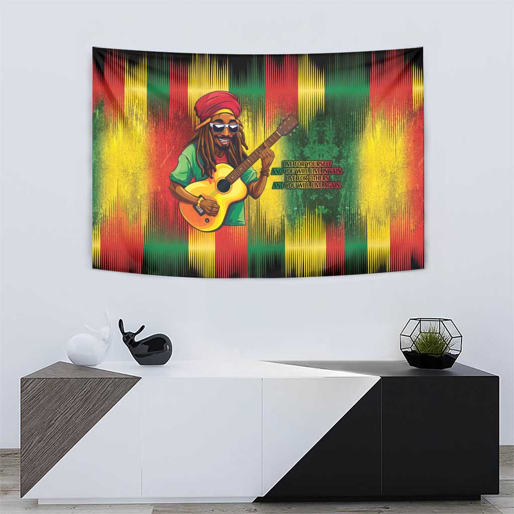 Reggae guitarist tapestry featuring vivid vertical streaks and text block beside guitar