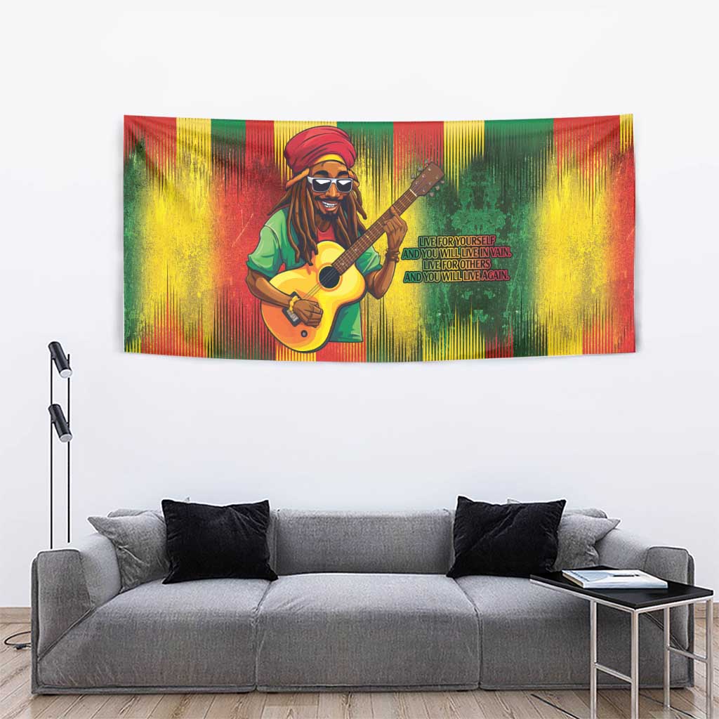 Reggae guitarist tapestry with multicolor vertical streaks and central guitar figure
