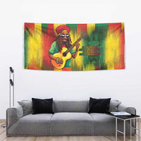 Reggae guitarist tapestry with multicolor vertical streaks and central guitar figure