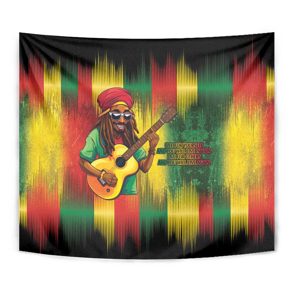 Large reggae guitarist tapestry with yellow, red, green vertical streaks and guitar portrait