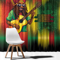 Reggae window curtain panel with guitarist artwork and motivational text in rainbow colors