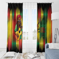 Reggae window curtain panels with guitarist illustration and rainbow stripes above a bed