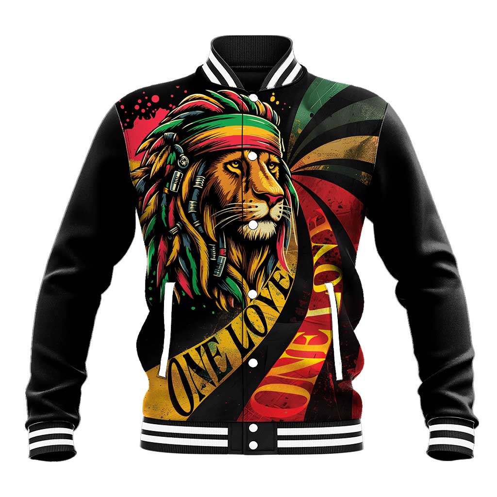 Black baseball jacket with colorful lion graphic, striped rib collar and cuffs, snap button hem