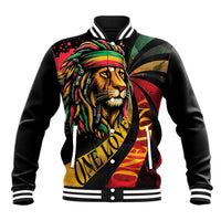 Black baseball jacket with colorful lion graphic, striped rib collar and cuffs, snap button hem