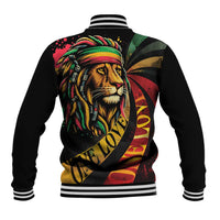 Black baseball jacket with back lion graphic, striped rib collar and cuffs, varsity snap hem