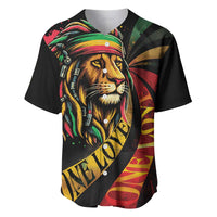 Black baseball jersey with colorful lion portrait and reggae graphic panel, button front