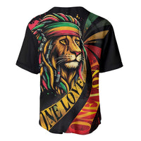 Black baseball jersey with colorful lion portrait and reggae side stripe graphic, button front