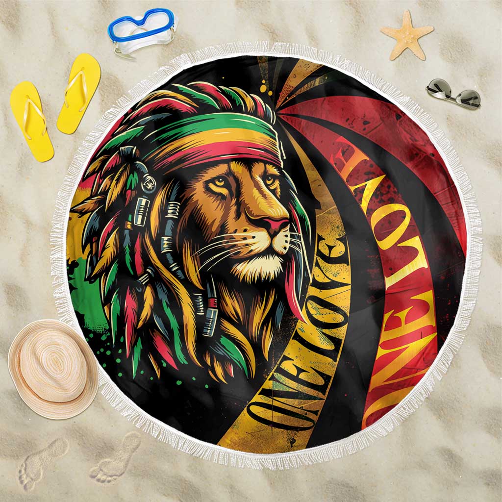 Round beach blanket with lion graphic and multicolor Rastafarian style, white fringe