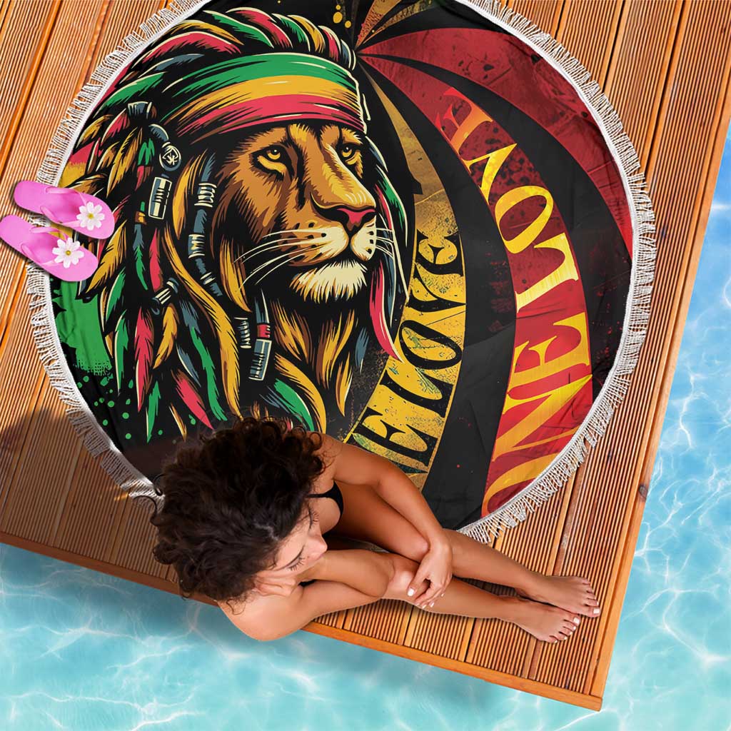Round beach blanket with close-up lion face art, red-yellow striped circle, white fringe