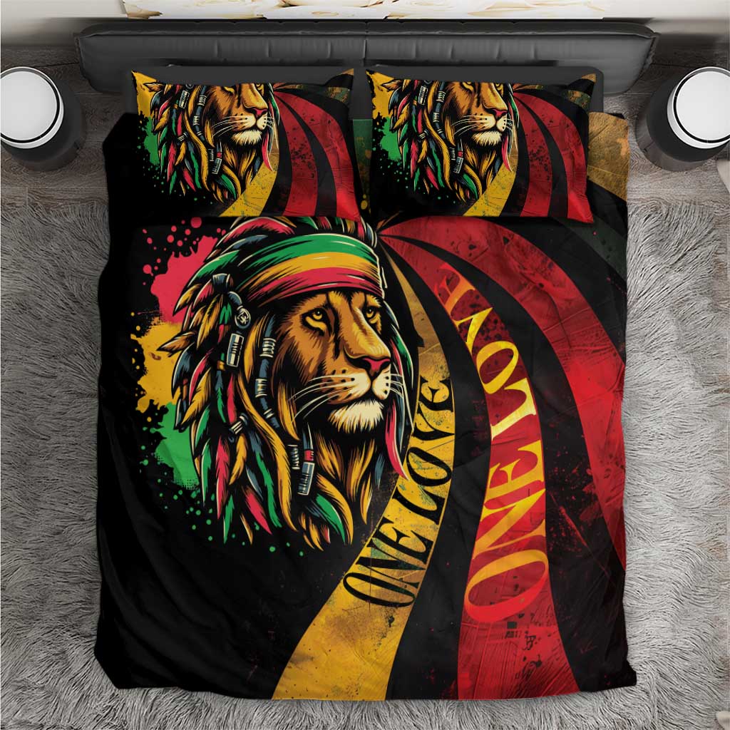 Lion face bedding set with colorful rastafarian-style graphics on black background