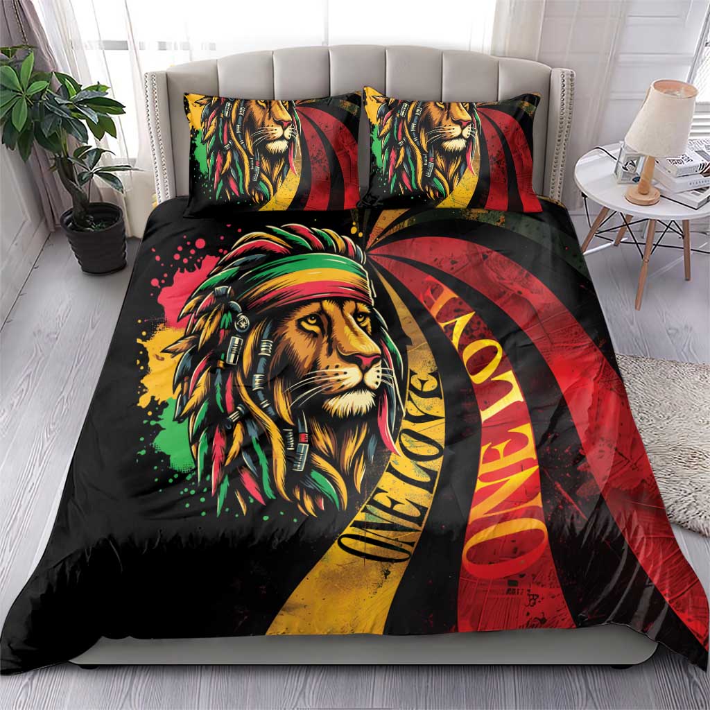 Bed duvet and two matching pillowcases featuring lion portrait with red, yellow, green bands