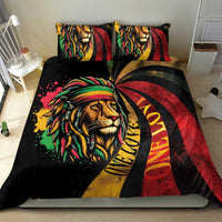 Bed set showing lion face artwork with reggae colors on a dark black duvet
