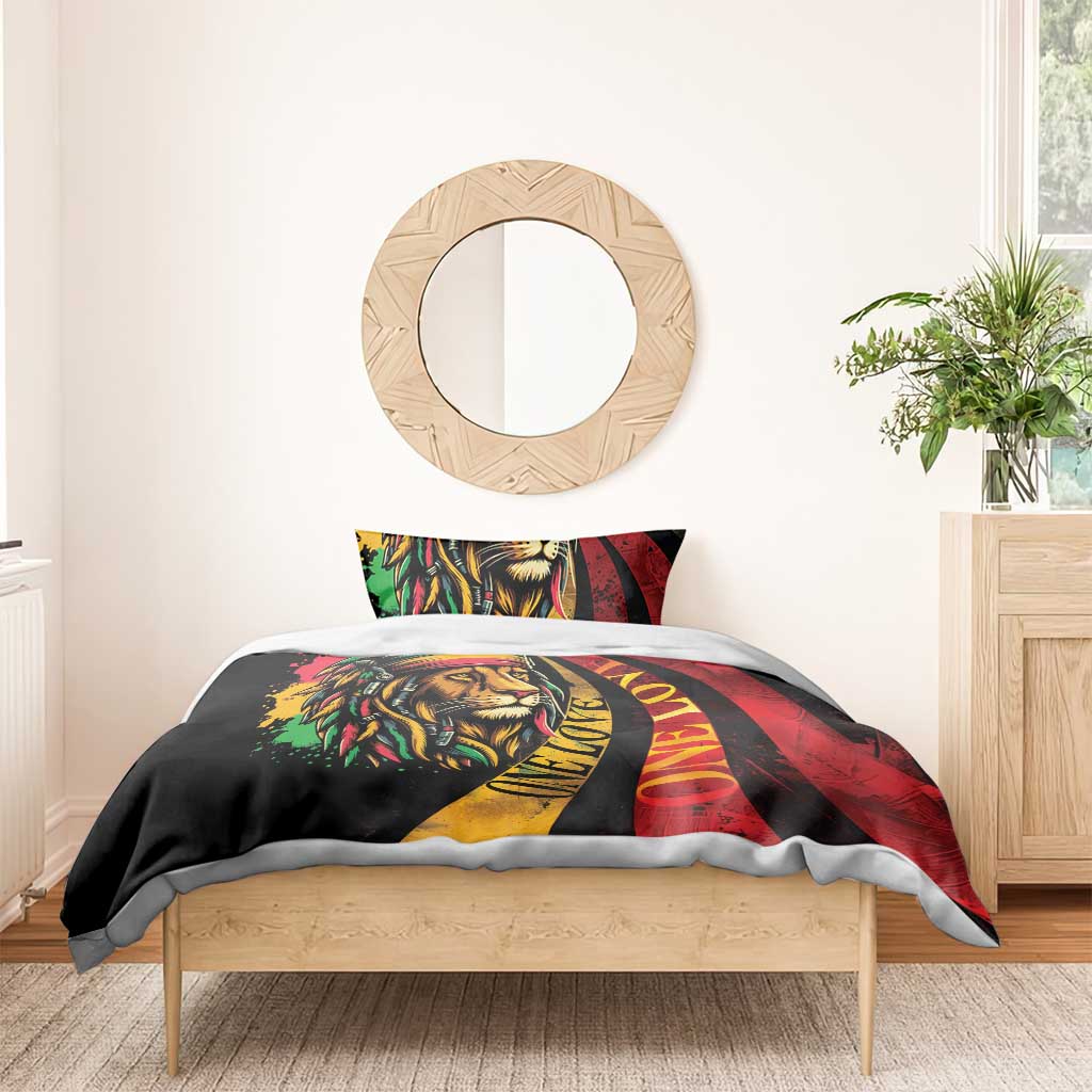 Duvet on wooden bed with lion portrait design and red, yellow, green reggae accents