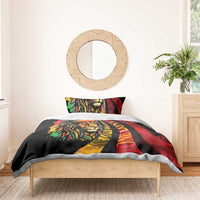 Duvet on wooden bed with lion portrait design and red, yellow, green reggae accents
