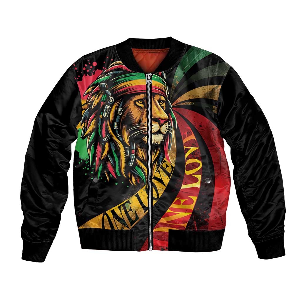 Black bomber jacket with colorful lion head and One Love print, ribbed cuffs and hem