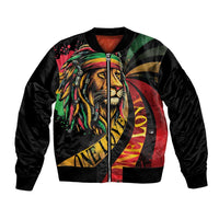 Black bomber jacket with colorful lion head and One Love print, ribbed cuffs and hem