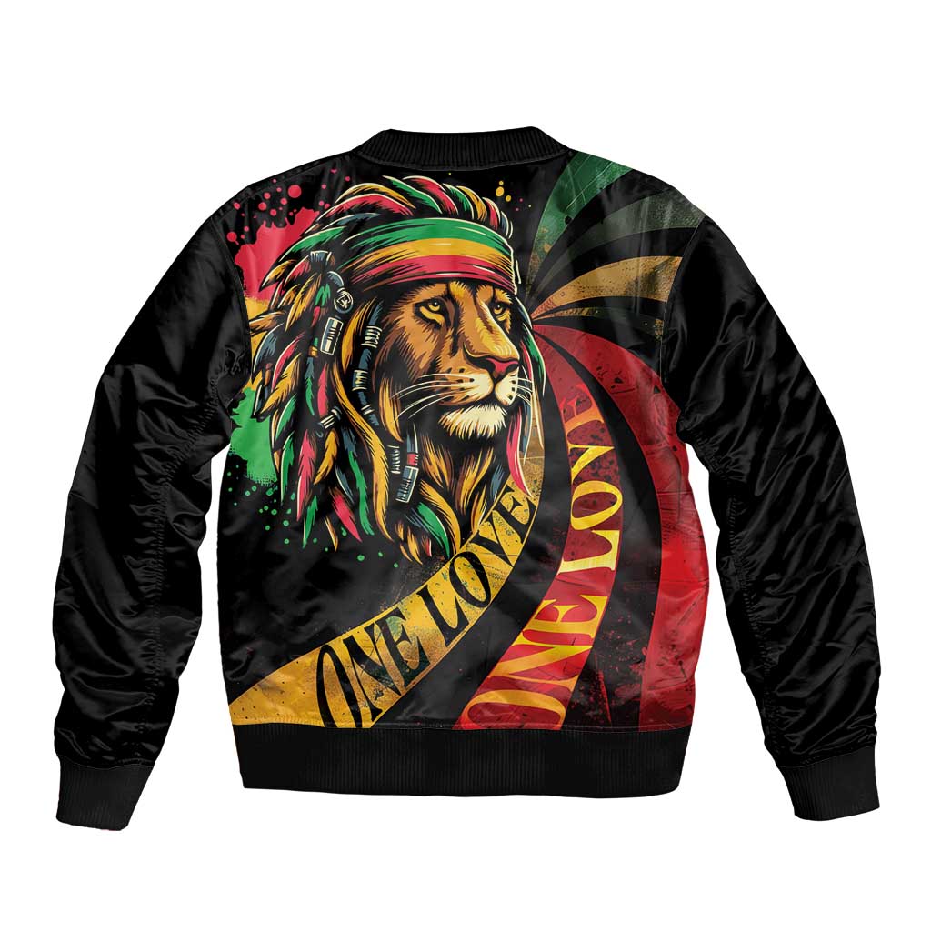 Black bomber jacket with reggae-style lion portrait and One Love emblem, ribbed collar