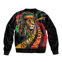 Black bomber jacket with reggae-style lion portrait and One Love emblem, ribbed collar
