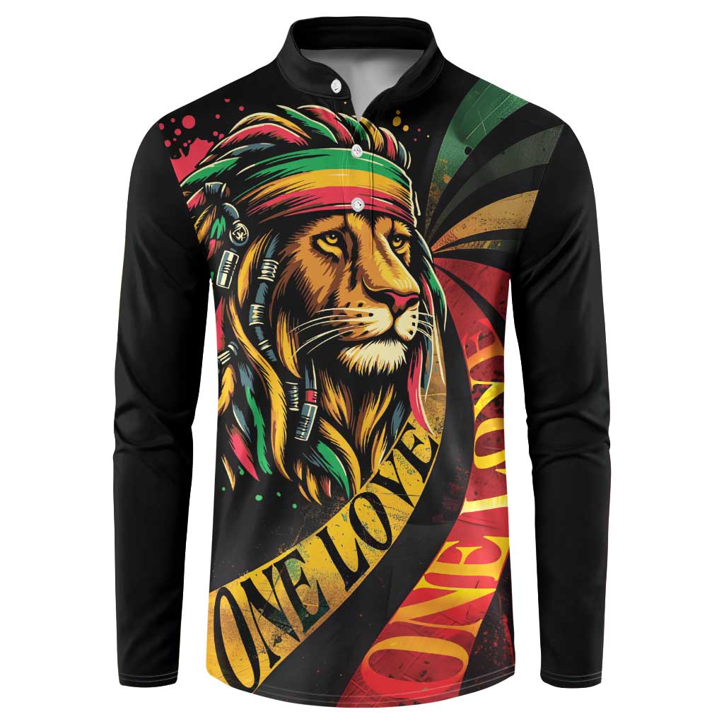 Black long-sleeve button sweatshirt with lion head graphic in reggae colors