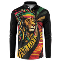 Black long-sleeve button sweatshirt with lion head graphic in reggae colors