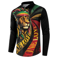Black long-sleeve button sweatshirt with centered lion head graphic and reggae color stripes