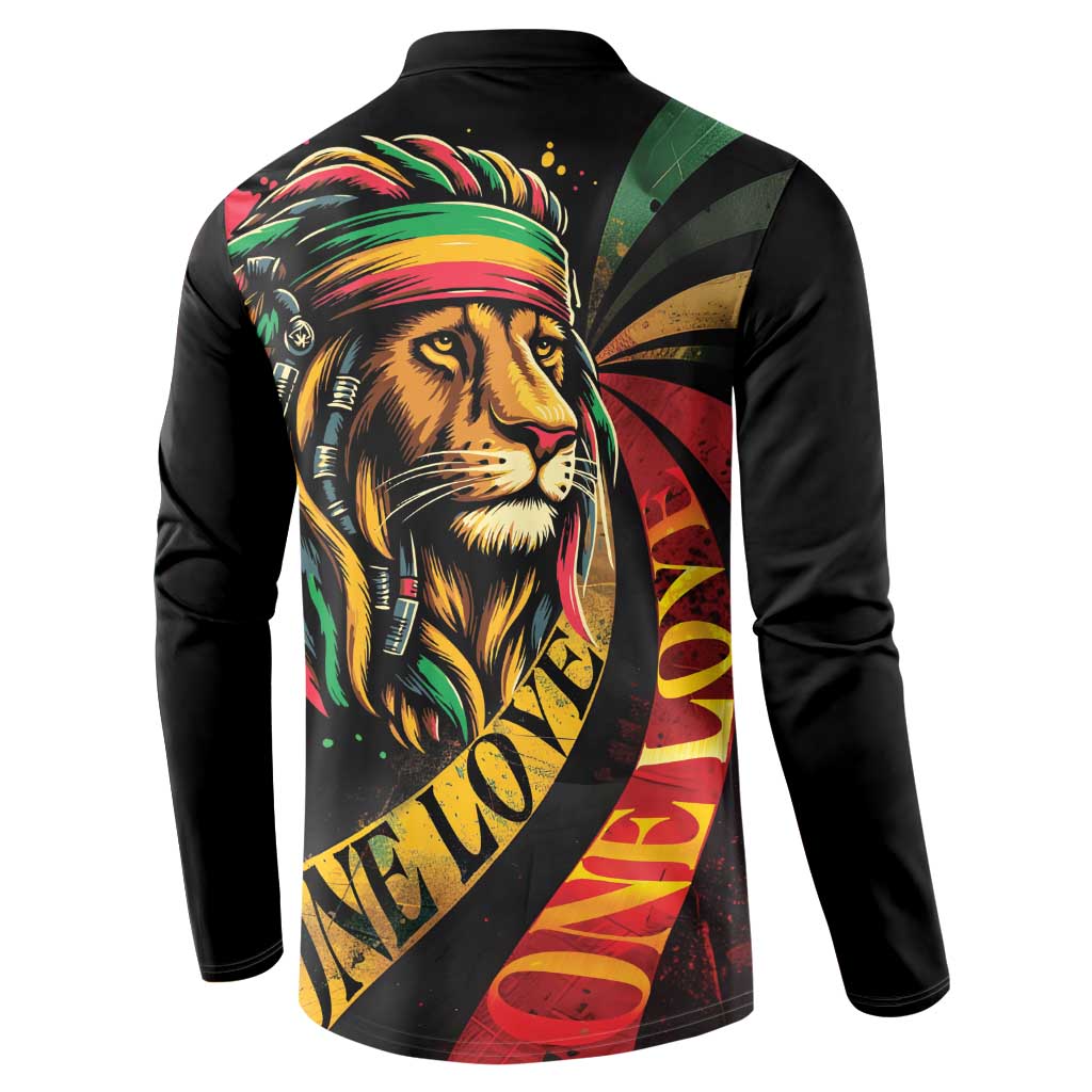 Black long-sleeve button sweatshirt with back-facing lion head artwork in reggae colors