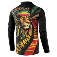 Black long-sleeve button sweatshirt with back-facing lion head artwork in reggae colors