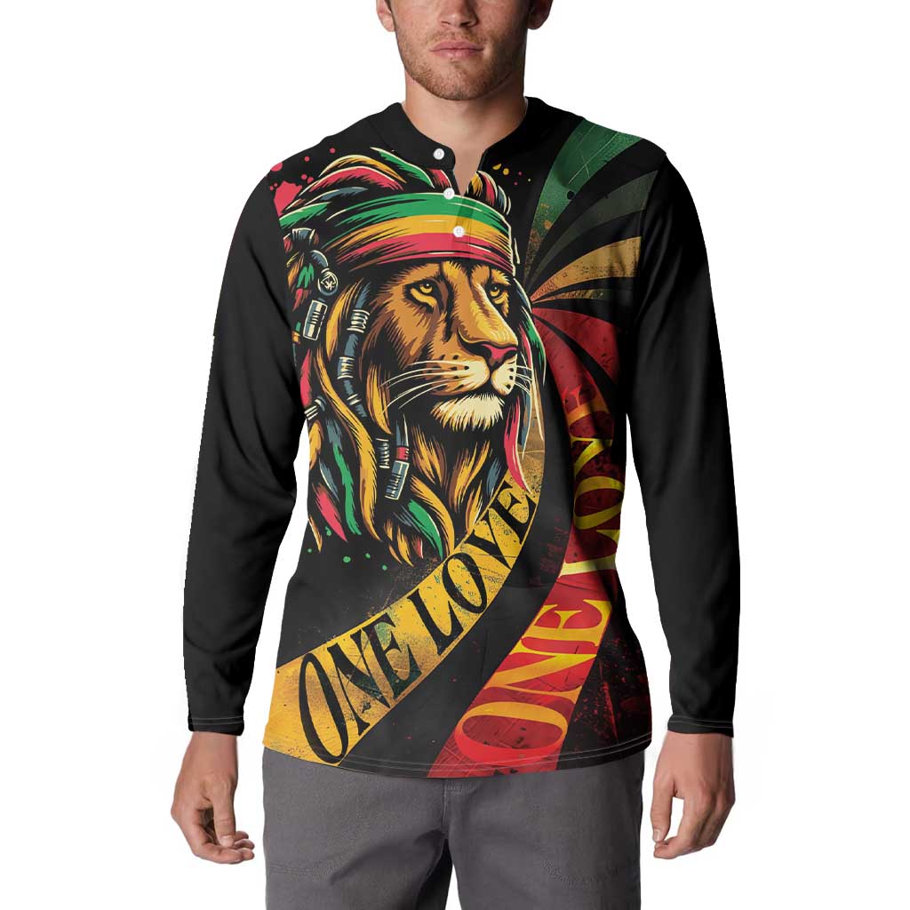 Black long-sleeve button sweatshirt with lion head and 'ONE LOVE' graphic