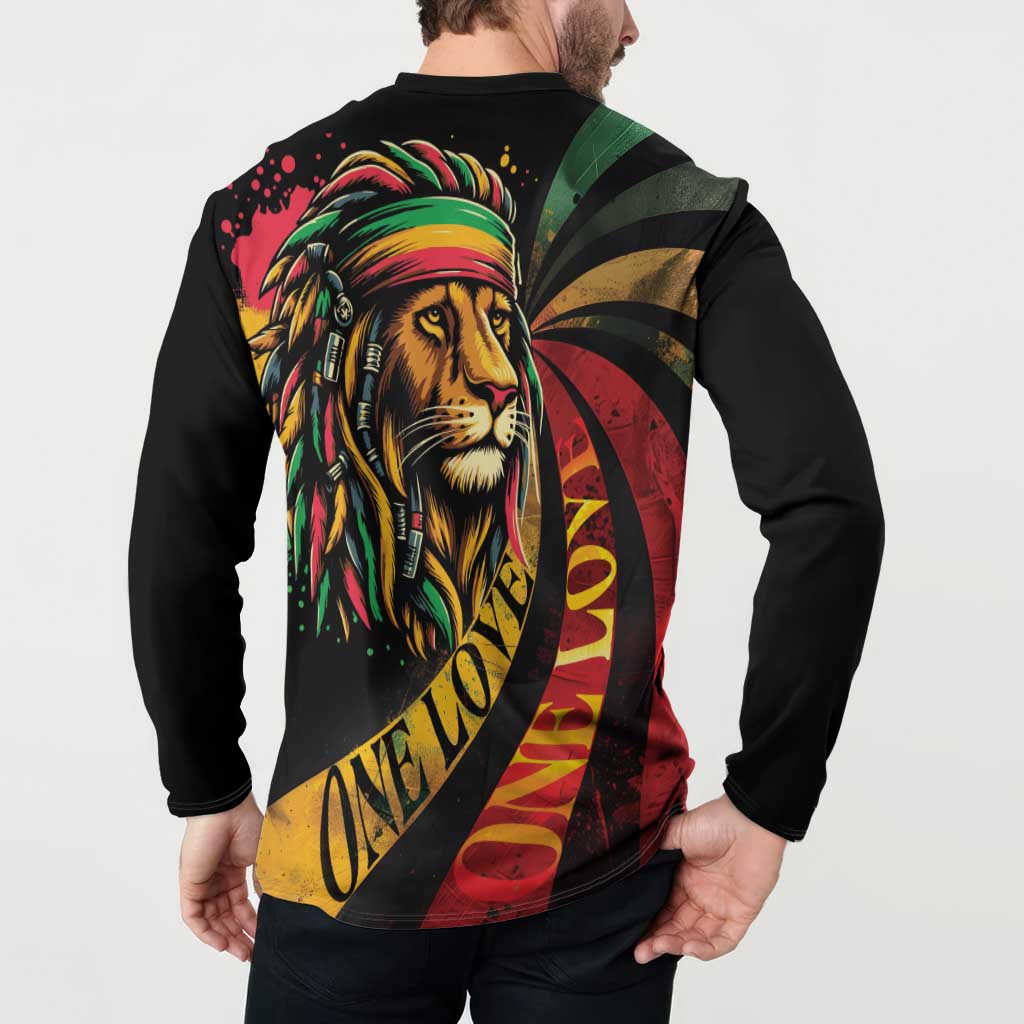 Black long-sleeve button sweatshirt with back lion head and reggae stripes artwork