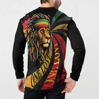 Black long-sleeve button sweatshirt with back lion head and reggae stripes artwork