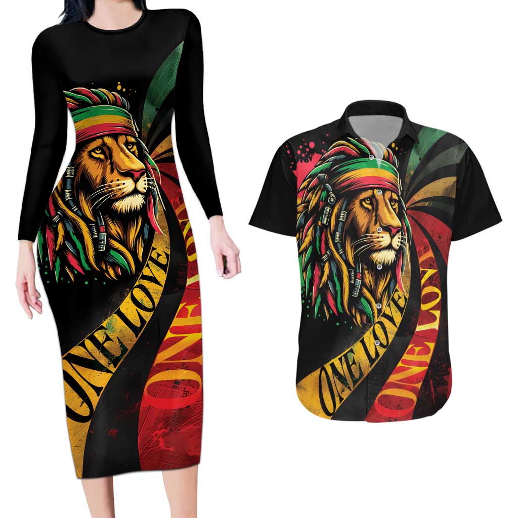 Jamaica Rastafarian Lion One Love Couples Matching Long Sleeve Bodycon Dress and Hawaiian Shirt LT9 - Wonder Print Shop