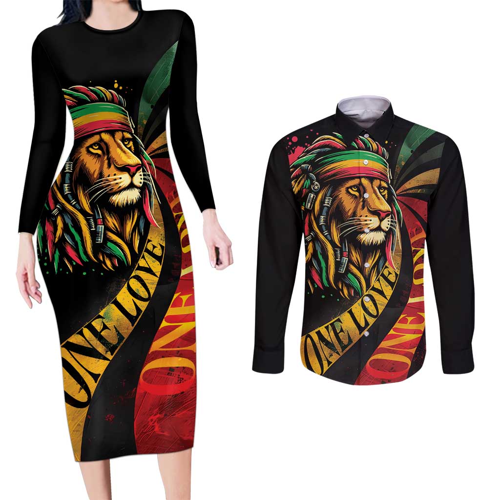 Jamaica Rastafarian Lion One Love Couples Matching Long Sleeve Bodycon Dress and Long Sleeve Button Shirt LT9 - Wonder Print Shop