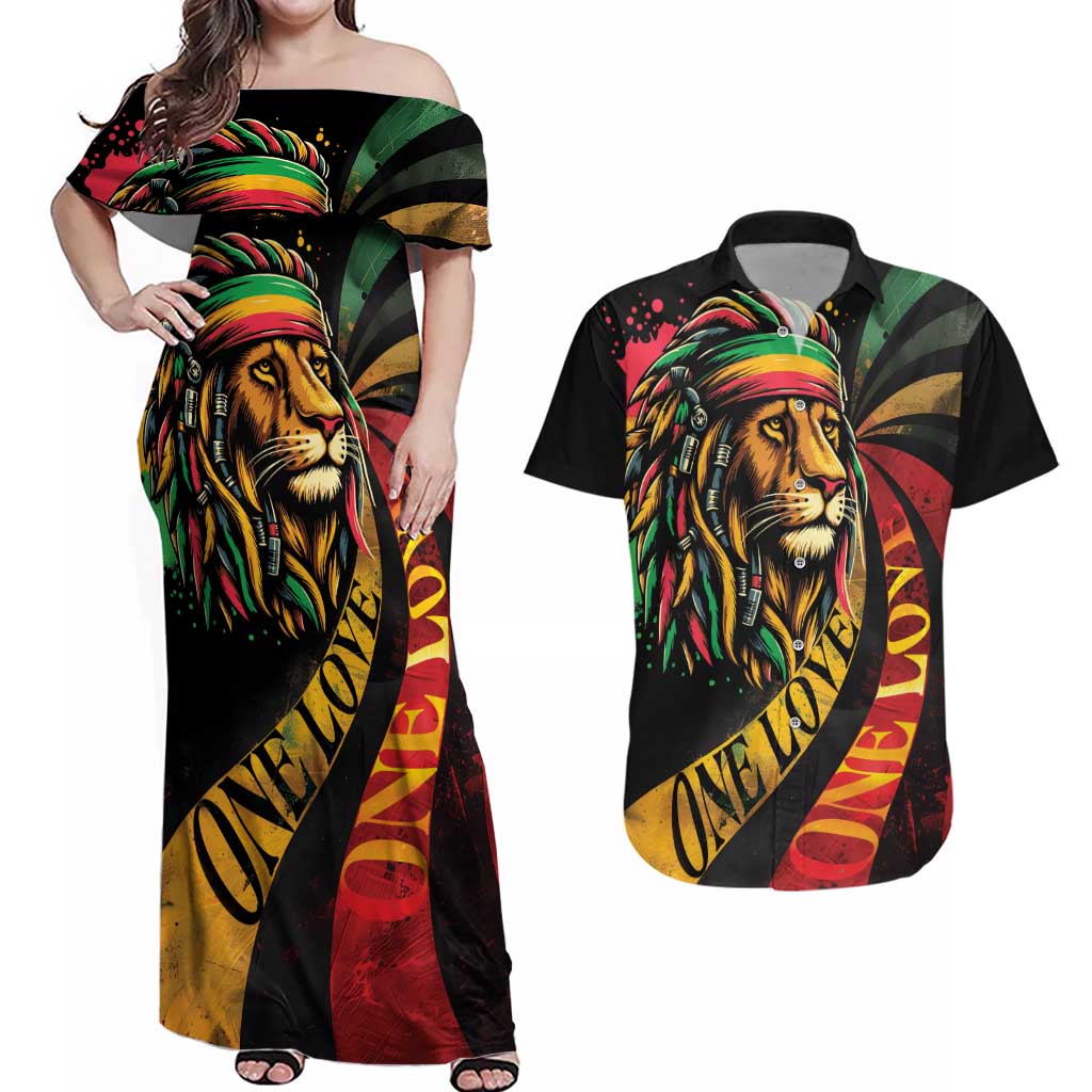 Jamaica Rastafarian Lion One Love Couples Matching Off Shoulder Maxi Dress and Hawaiian Shirt LT9 - Wonder Print Shop