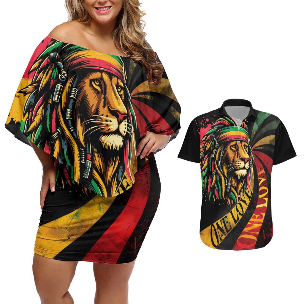 Jamaica Rastafarian Lion One Love Couples Matching Off Shoulder Short Dress and Hawaiian Shirt LT9 - Wonder Print Shop