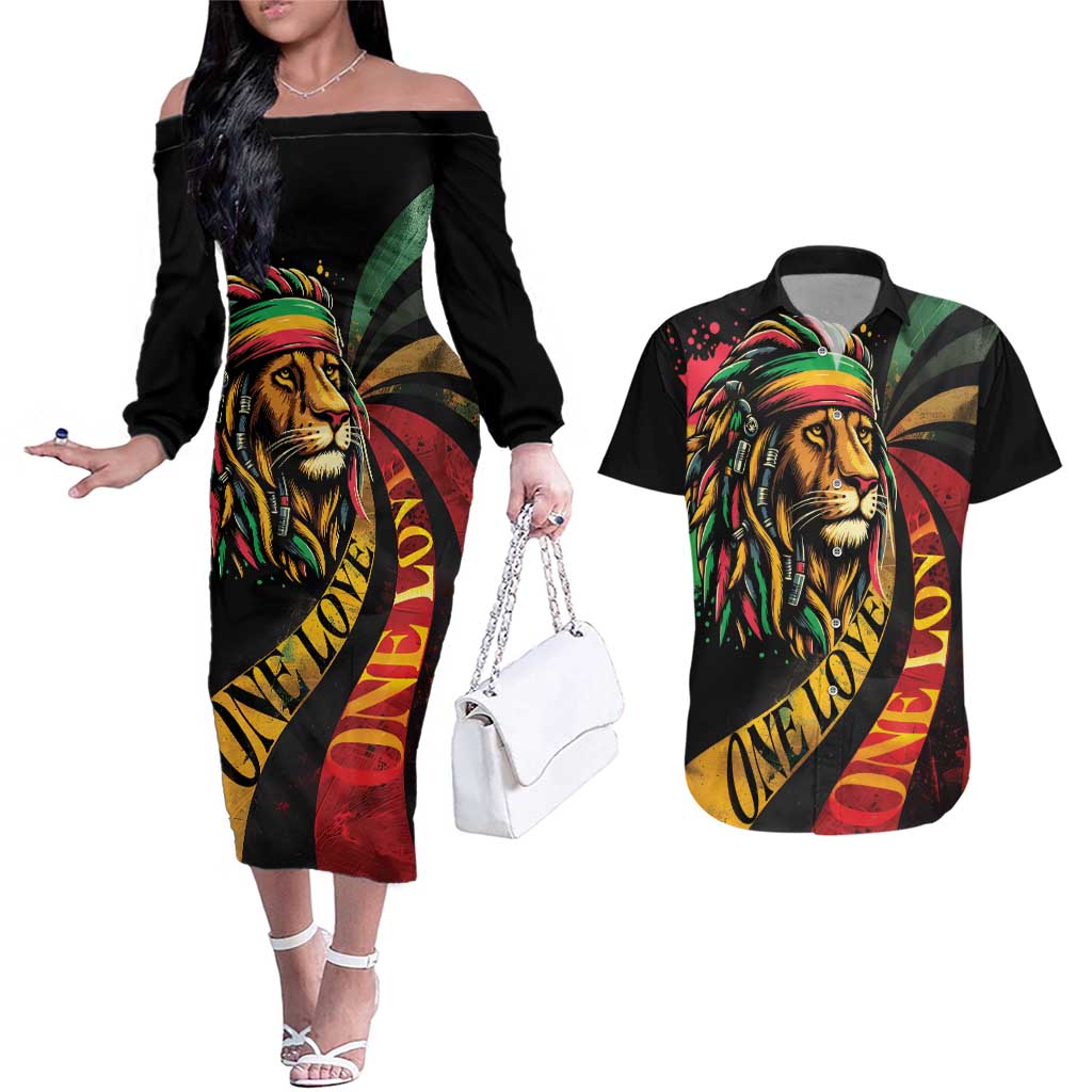 Jamaica Rastafarian Lion One Love Couples Matching Off The Shoulder Long Sleeve Dress and Hawaiian Shirt LT9 - Wonder Print Shop