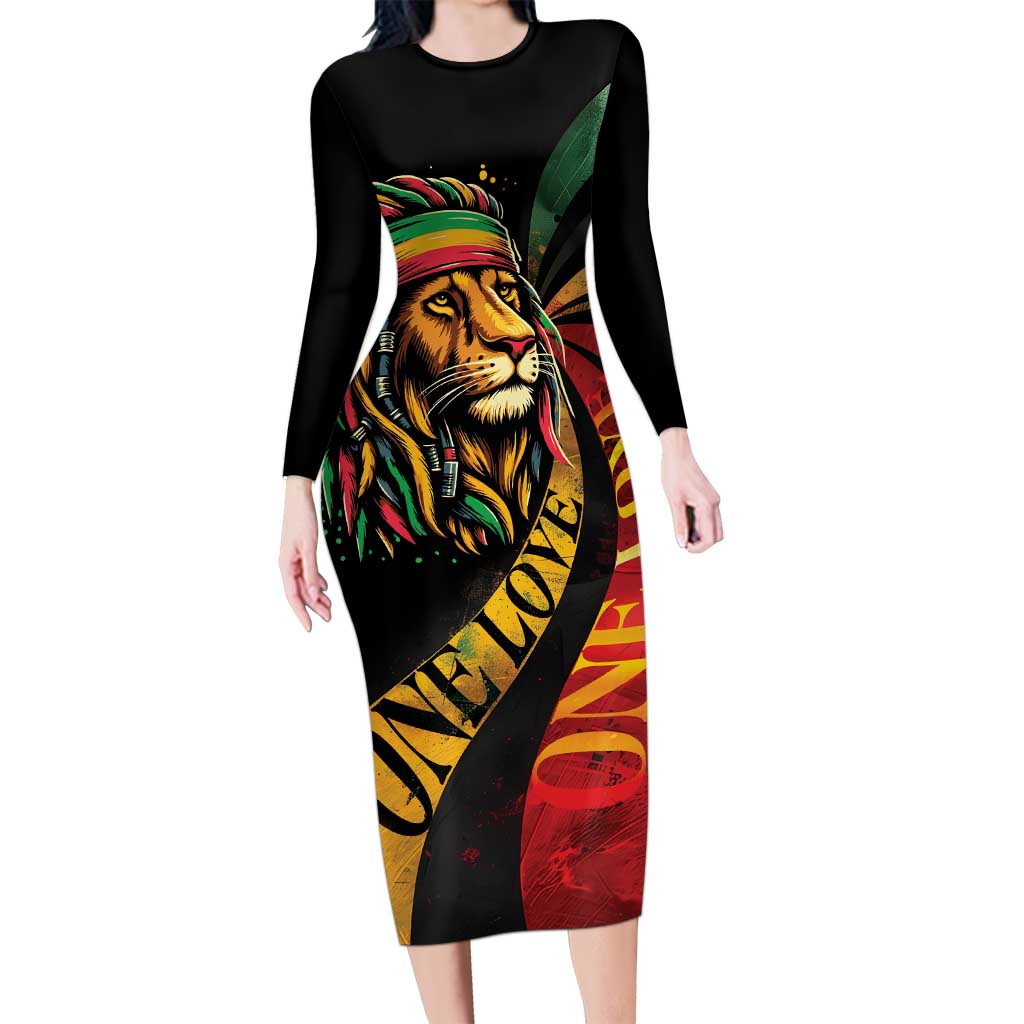 Jamaica Rastafarian Lion One Love Long Sleeve Bodycon Dress - Wonder Print Shop