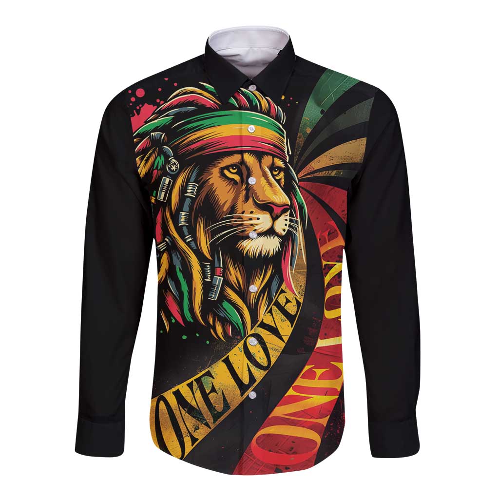 Long sleeve button-up shirt with black base, lion portrait and One Love graphic