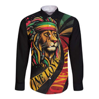 Long sleeve button-up shirt with black base, lion portrait and One Love graphic